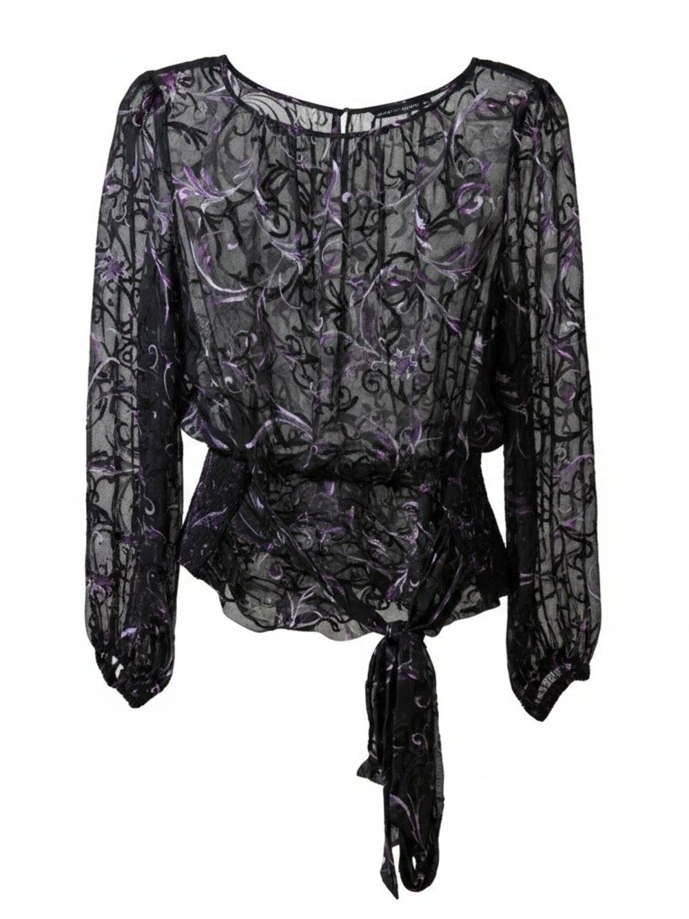 WHBM Silk Blend Sheer Tie Front Blouse Size 8 Black Purple Romantic Whimsigoth